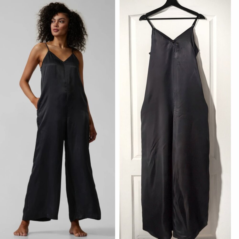 Athleta Black Satin Wide-Leg Slip Jumpsuit Pajama